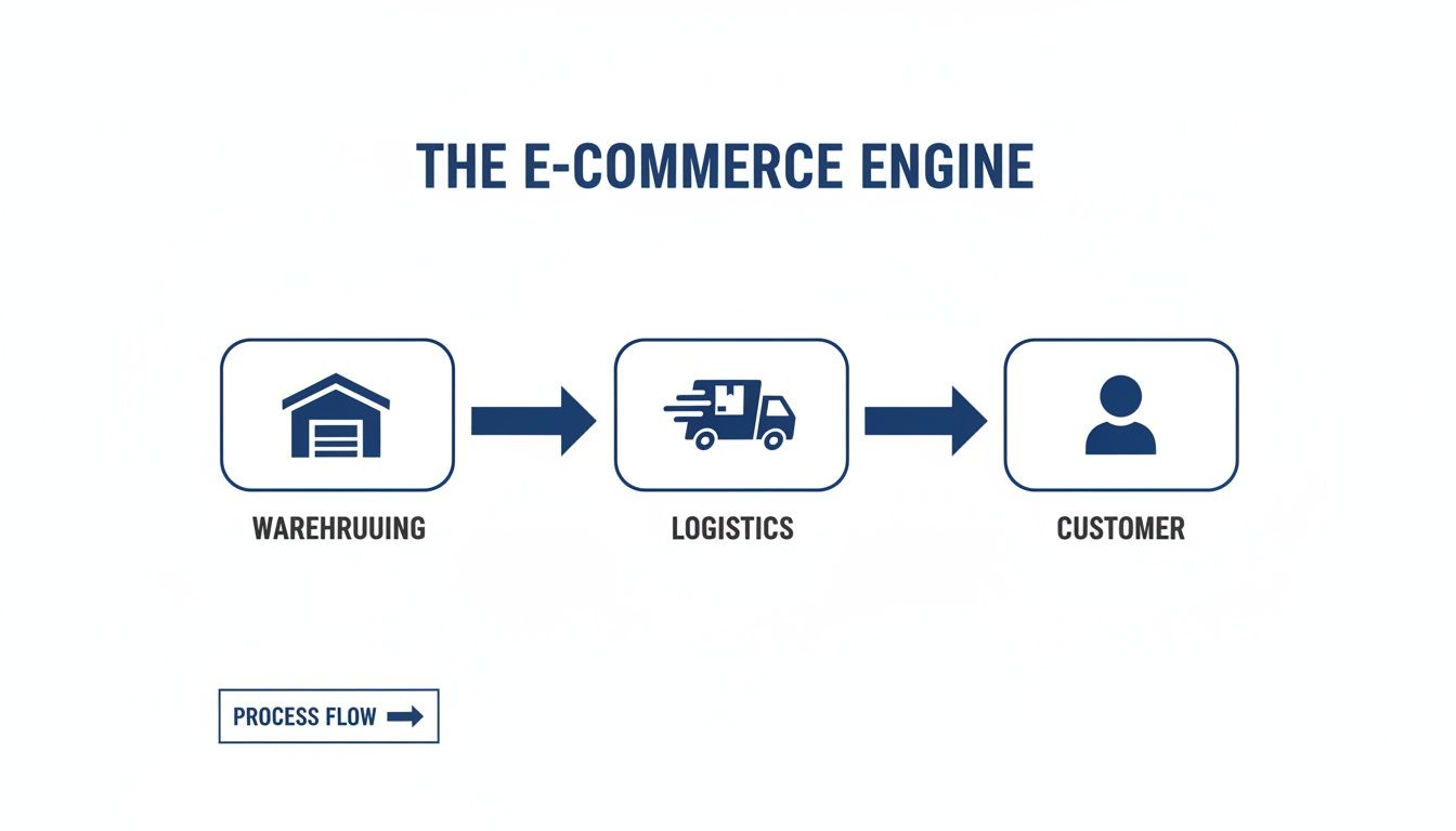 A diagram illustrating the e-commerce engine process: Warehousing, Logistics, and Customer, connected by flow arrows.