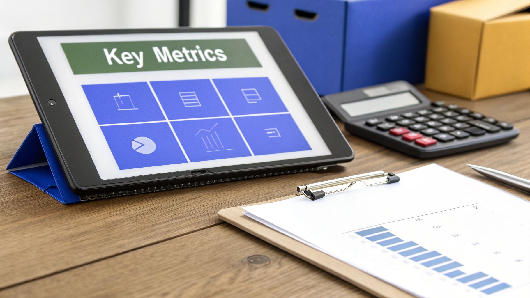 A tablet displays “Key Metrics” data with a calculator and business reports on a wooden desk.