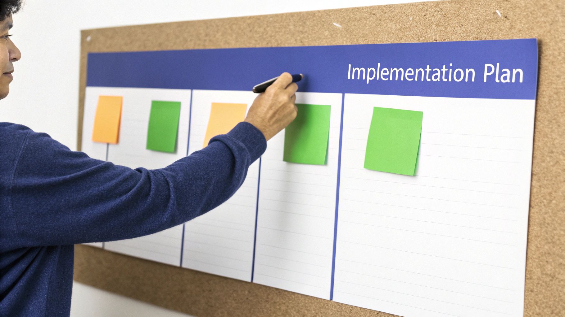 A man actively plans on a visual “Implementation Plan” board with green and orange notes.